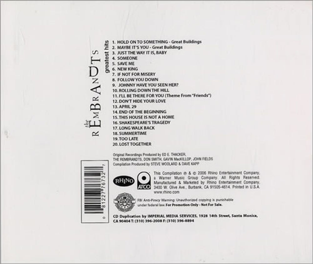 The Rembrandts Greatest Hits US Promo CD album (CDLP) CD-R ACETATE