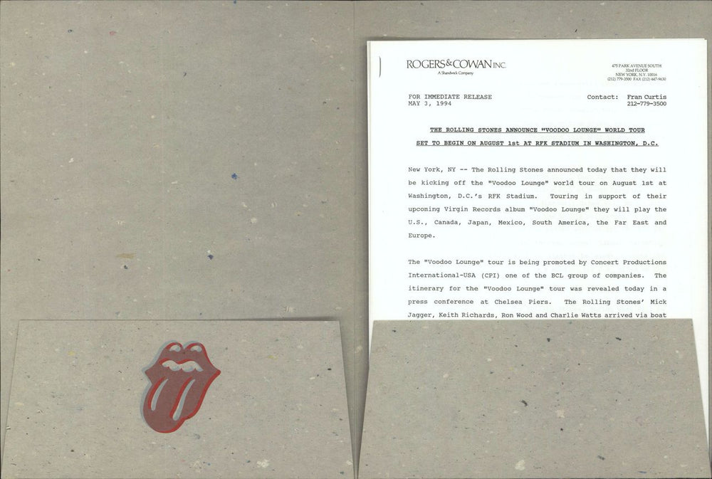 The Rolling Stones Voodoo Lounge World Tour - Grey Folder US Promo media press pack