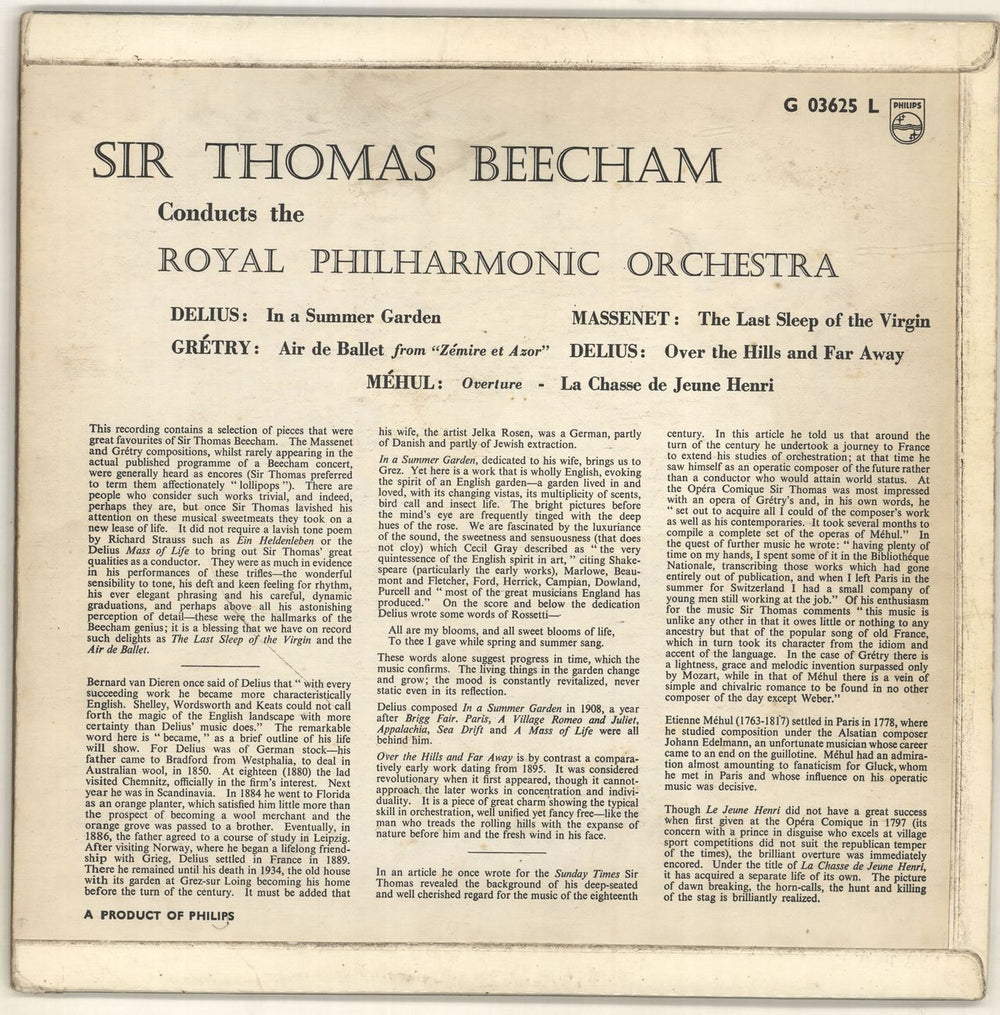 The Royal Philharmonic Orchestra Delius: Over The Hills And Far Away / In A Summer Garden & other music by Massenet, Grétry and Méhul UK vinyl LP album (LP record)