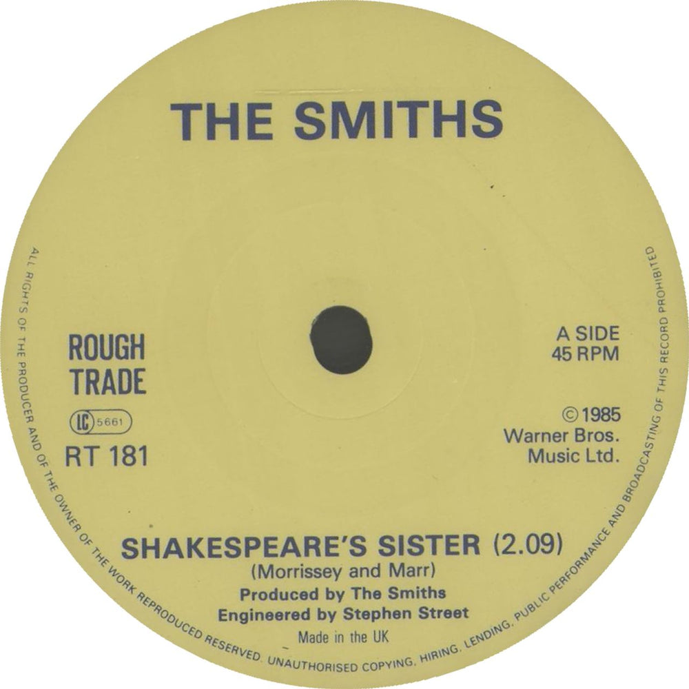 The Smiths Shakespeare's Sister - Solid centre + PR UK 7" vinyl single (7 inch record / 45) SMI07SH159636