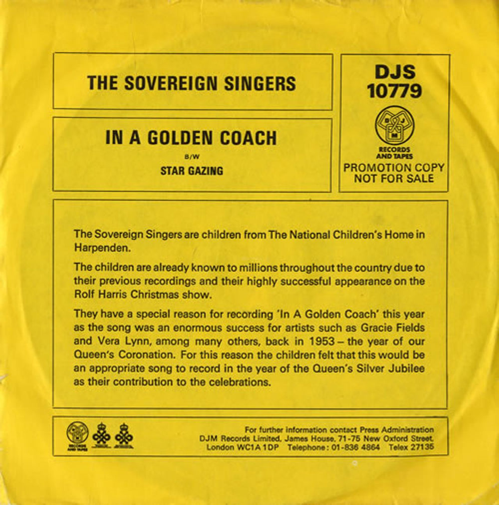 The Sovereign Singers In A Golden Coach - Promo Sleeve UK Promo 7" vinyl single (7 inch record / 45) DJS10779