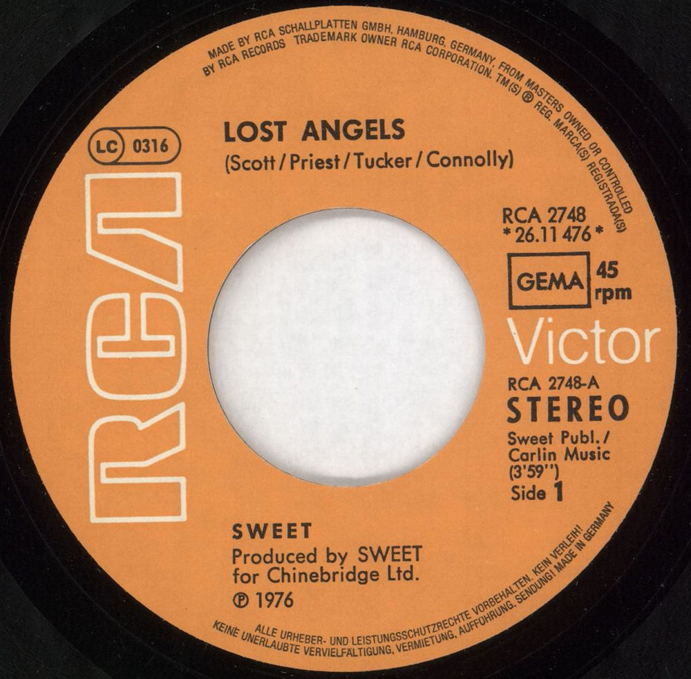 The Sweet Lost Angels German 7" vinyl single (7 inch record / 45) SWT07LO128480
