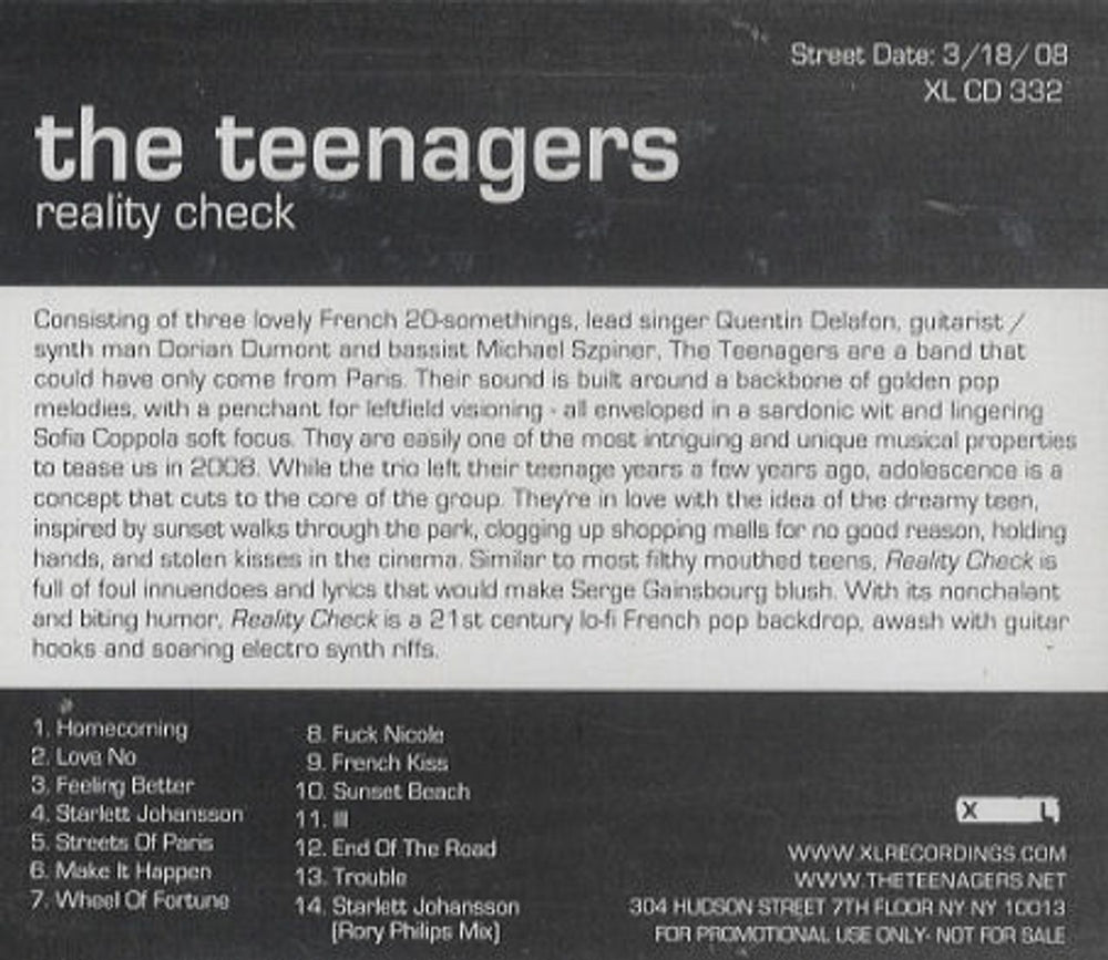 The Teenagers Reality Check US Promo CD album (CDLP) XLCD332