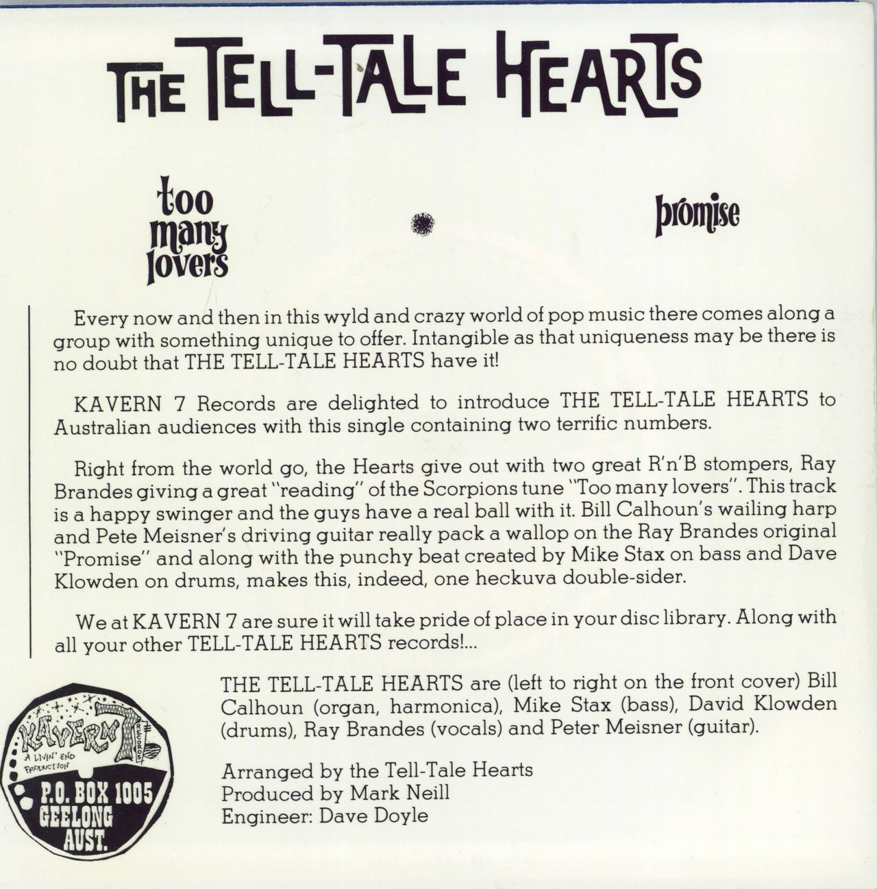 The Tell-Tale Hearts Too Many Lovers Australian 7" vinyl single (7 inch record / 45)