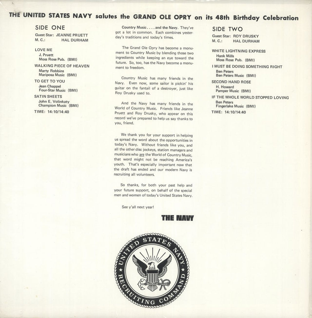 The United States Navy The United States Navy Salutes The Grand Ole Opry US vinyl LP album (LP record)