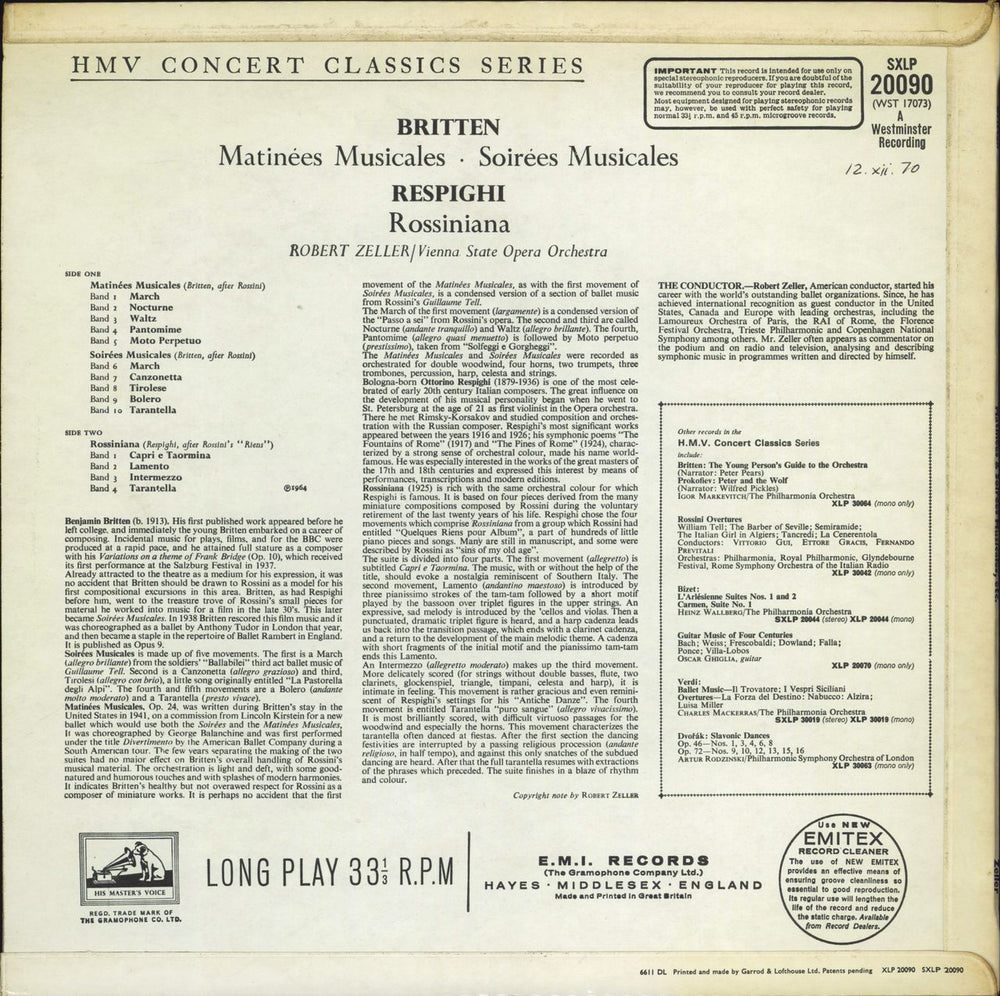 The Vienna State Orchestra Britten: Matinées Musicales & Soirées Musicales / Respighi: Rossiniana UK vinyl LP album (LP record)