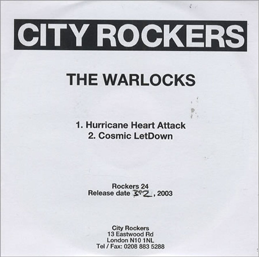 The Warlocks Hurricane Heart Attack UK Promo CD-R acetate CD-R ACETATE