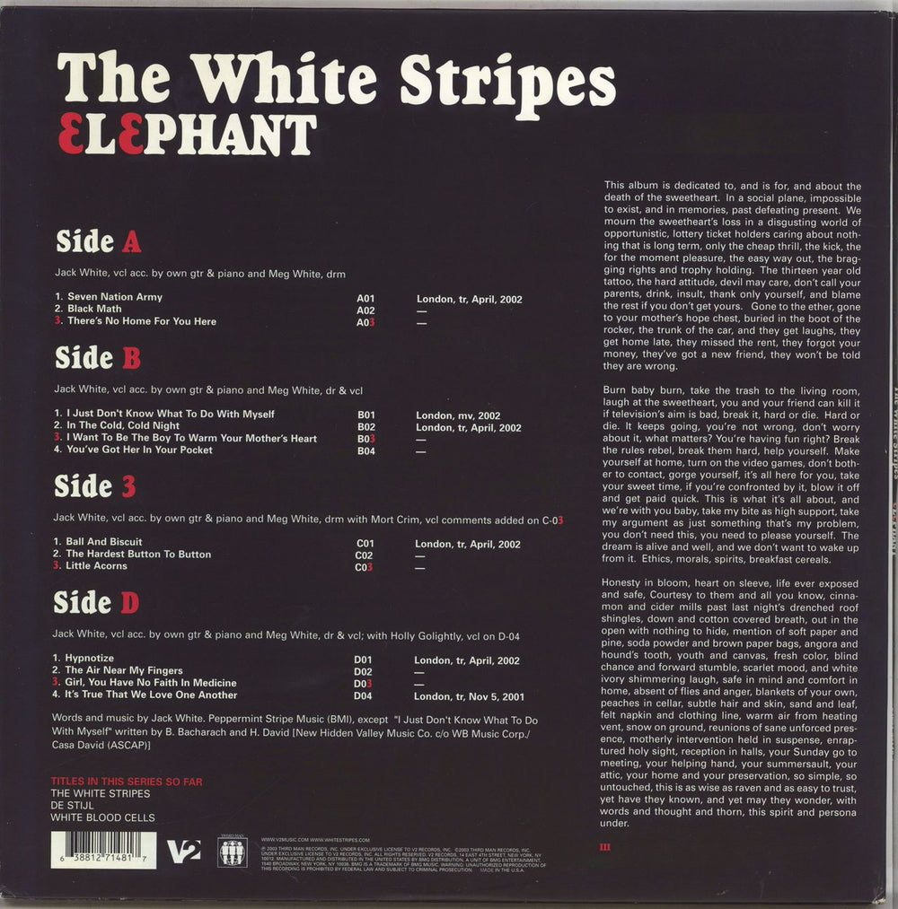 The White Stripes Elephant - Red + White Vinyl - EX US 2-LP vinyl record set (Double LP Album) 638812714817