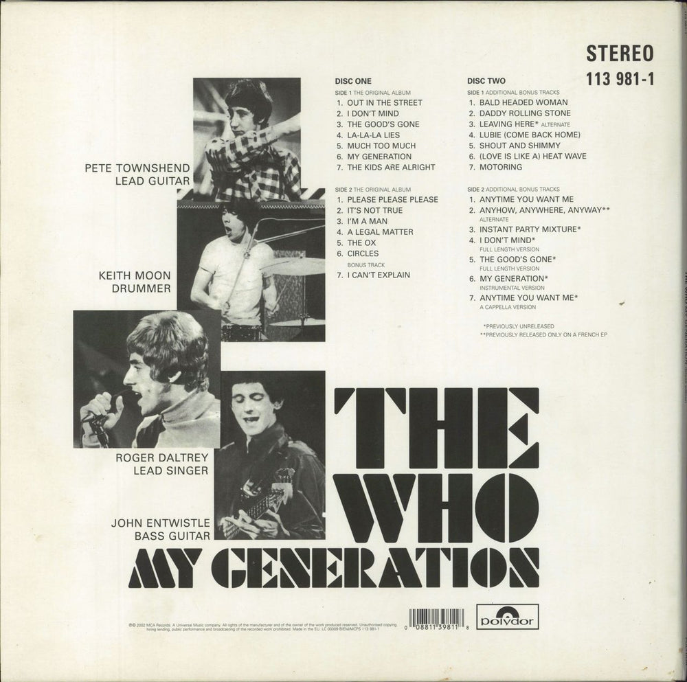 The Who My Generation UK 2-LP vinyl record set (Double LP Album) 008811398118