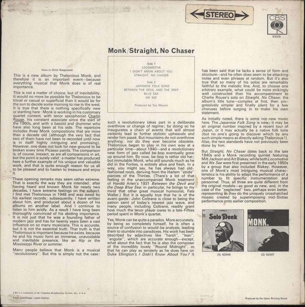 Thelonious Monk Straight, No Chaser - Stereo UK vinyl LP album (LP record)