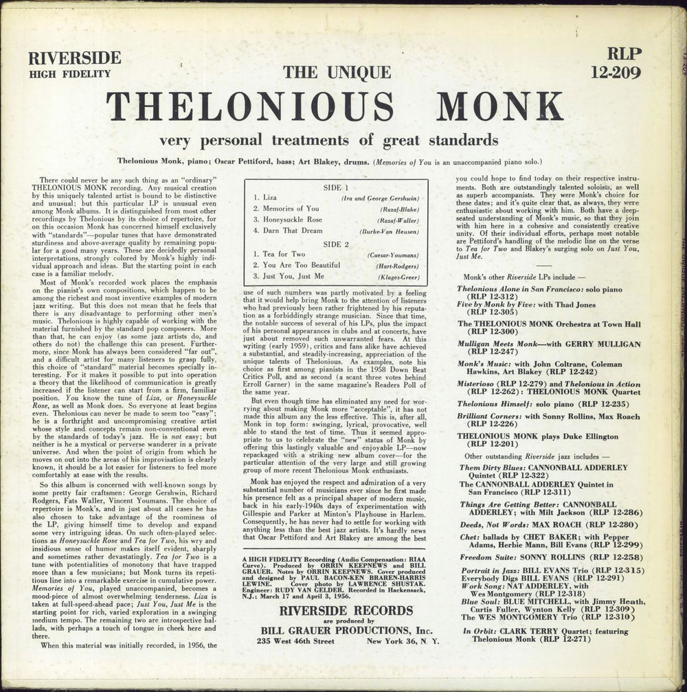 Thelonious Monk The Unique Thelonious Monk US vinyl LP album (LP record)