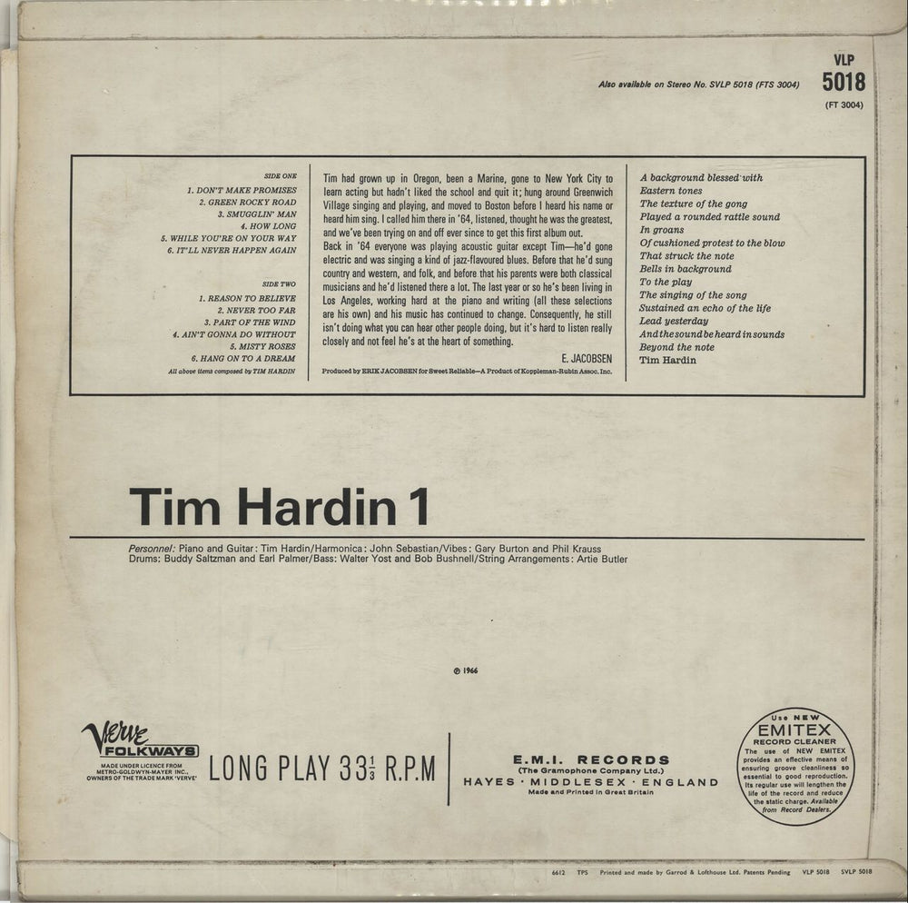 Tim Hardin Tim Hardin 1 - 1st UK vinyl LP album (LP record)