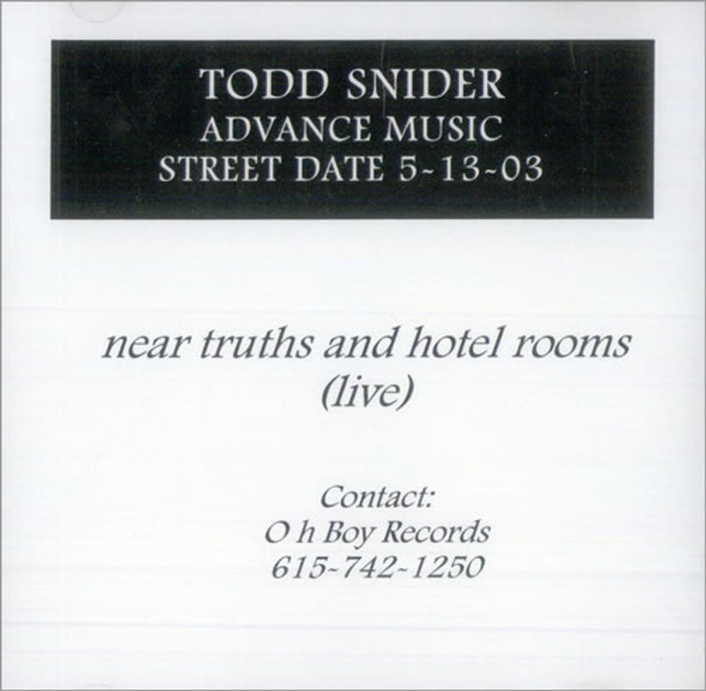 Todd Snider Near Truths And Hotel Rooms Live US Promo CD album (CDLP) OBR-024