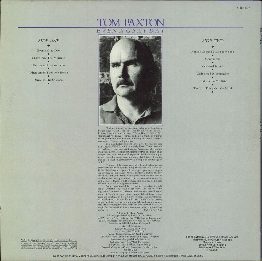 Tom Paxton Even A Gray Day - Autographed UK vinyl LP album (LP record)