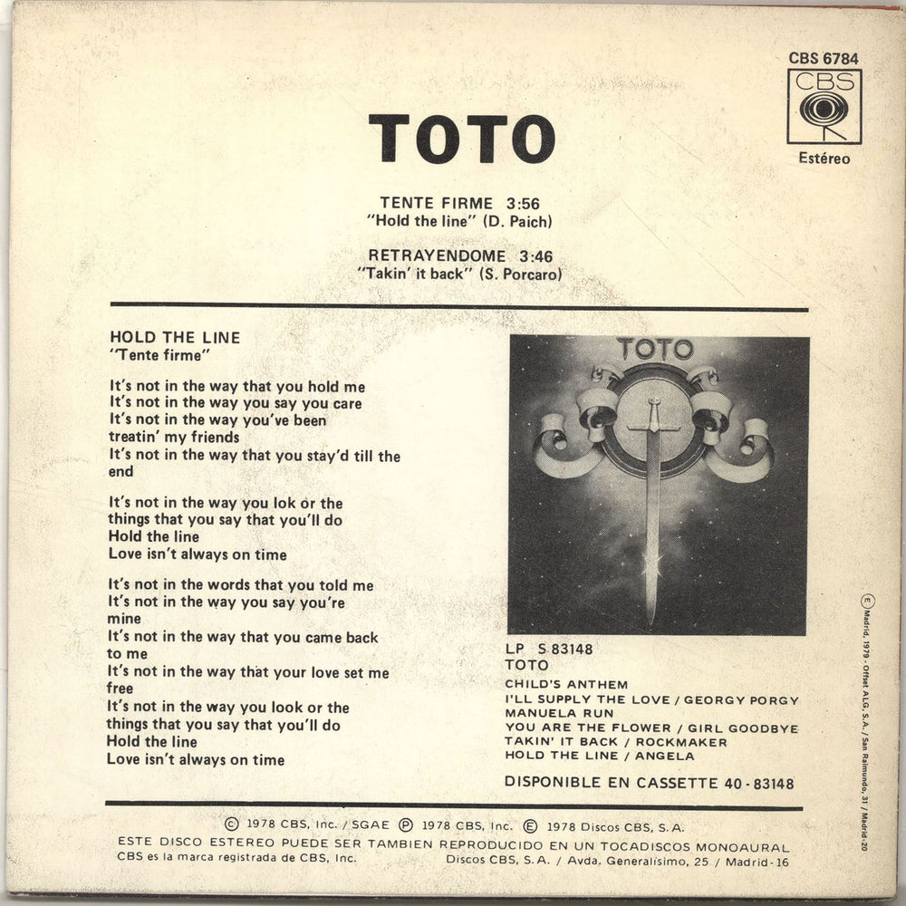 Toto Tente Firme Spanish 7" vinyl single (7 inch record / 45) TOT07TE697557