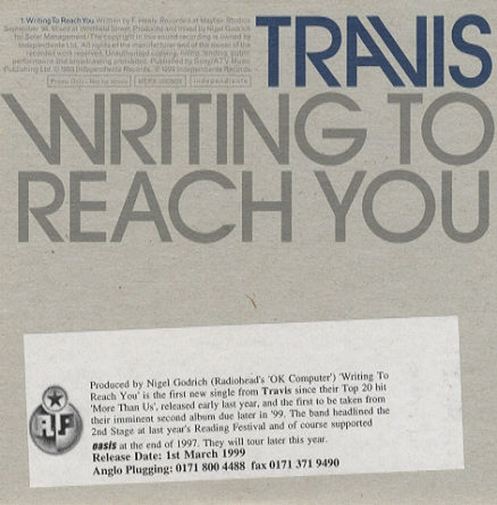 Travis (90s) Writing To Reach You UK Promo CD single (CD5 / 5") ISOM20