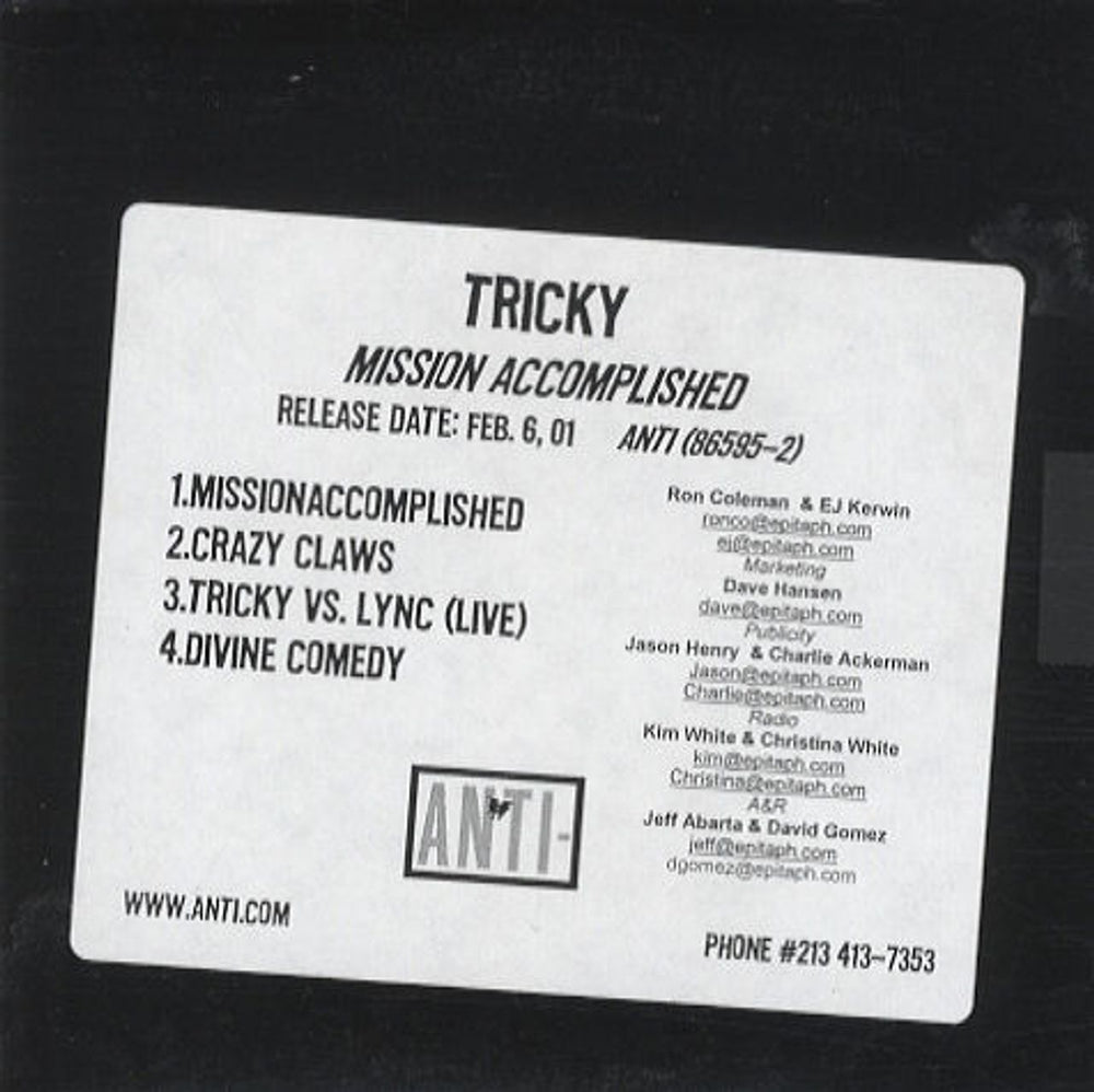 Tricky Mission Accomplished US Promo CD-R acetate CD ACETATE