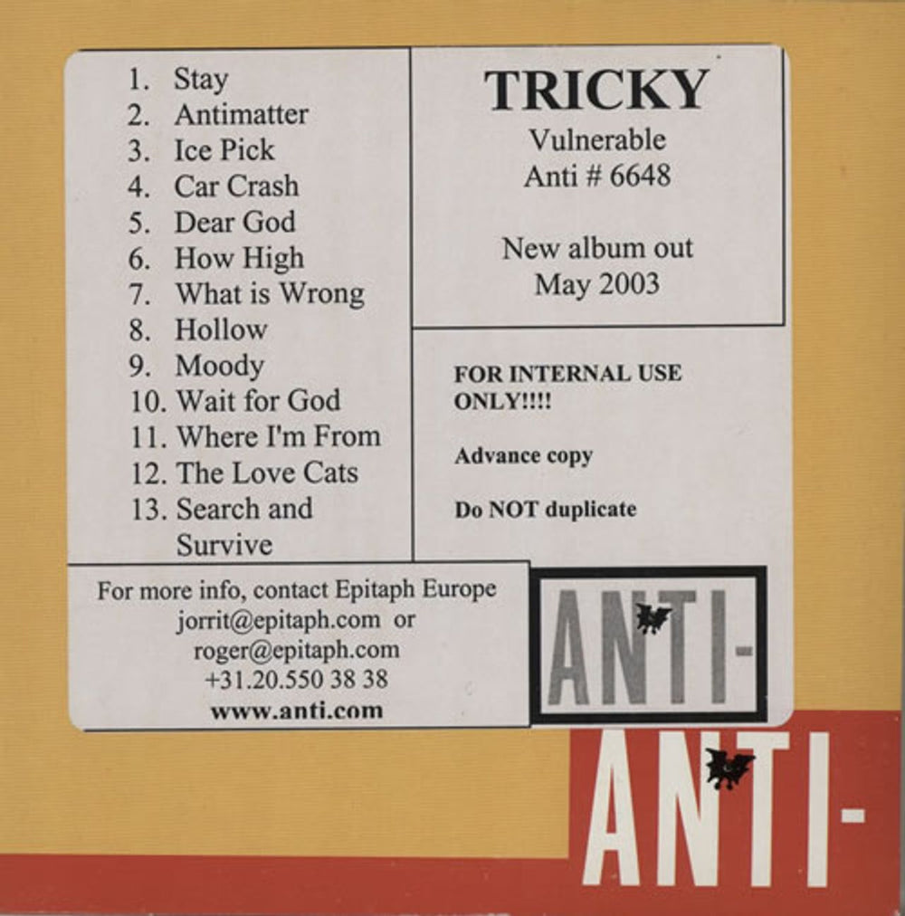 Tricky Vulnerable Dutch Promo CD album (CDLP) 6648-2A