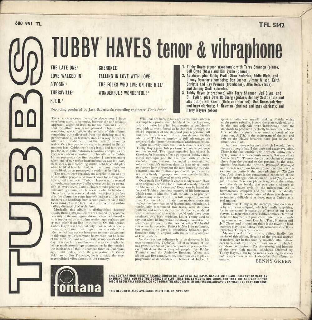 Tubby Hayes Tubbs - VG UK vinyl LP album (LP record) TH-LPTU687735