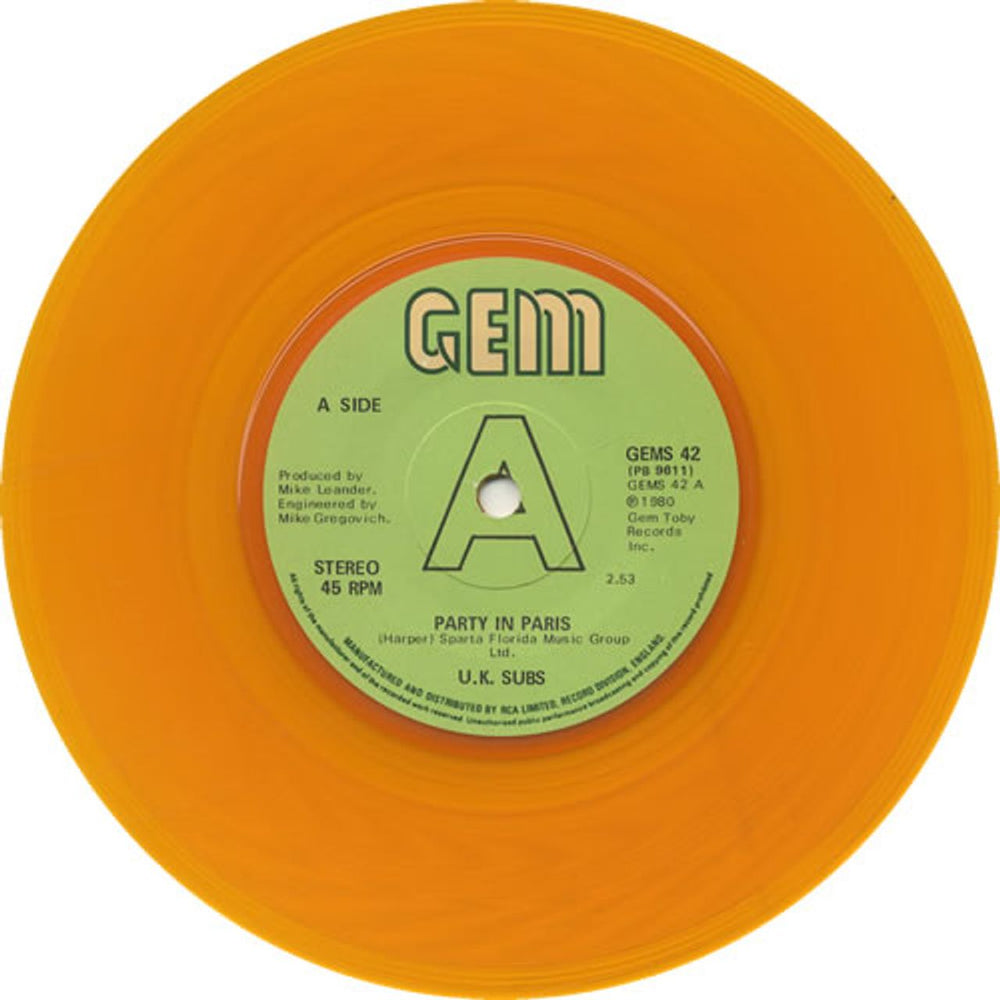 U.K. Subs Party In Paris - Orange Vinyl UK 7" vinyl single (7 inch record / 45) UKS07PA116430