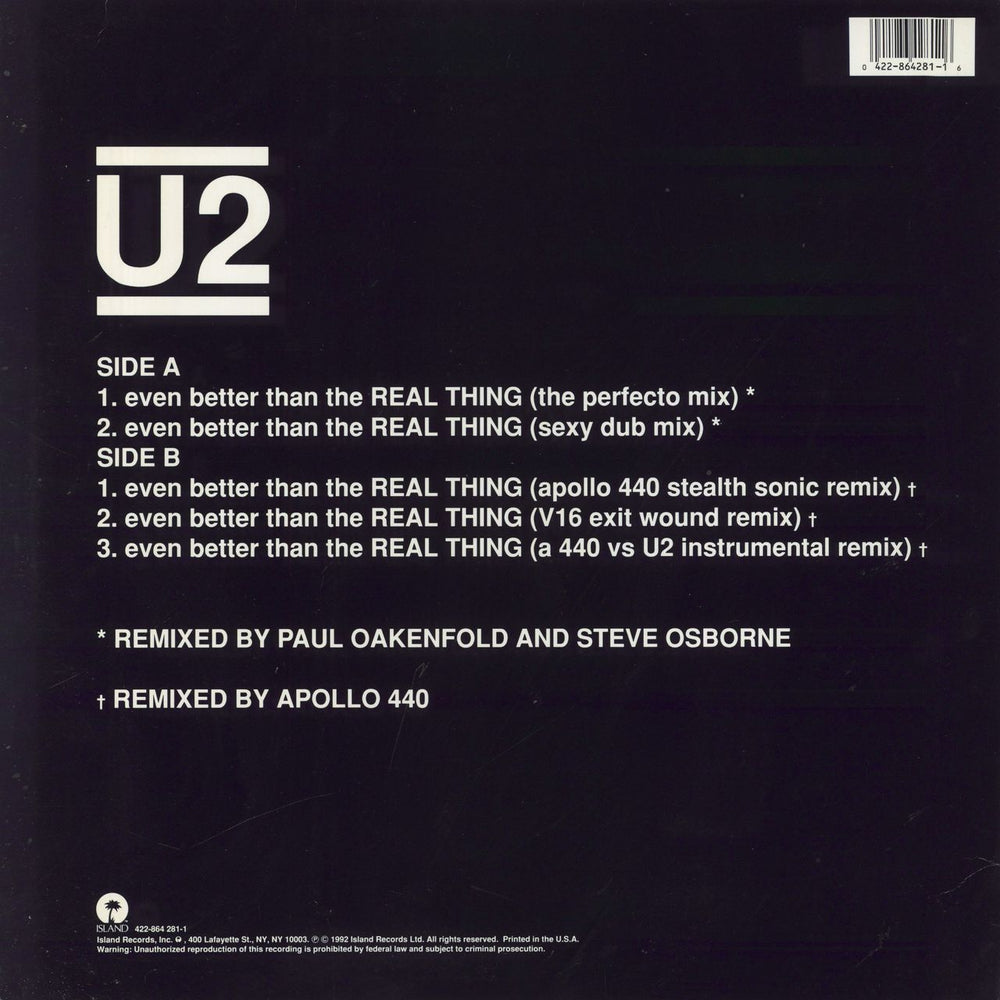 U2 Even Better Than The Real Thing US 12" vinyl single (12 inch record / Maxi-single) 042286428116