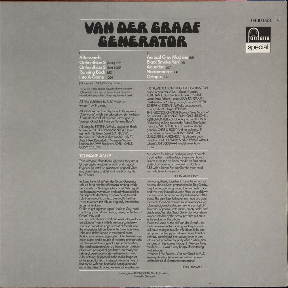 Van Der Graaf Generator The Aerosol Grey Machine German vinyl LP album (LP record)