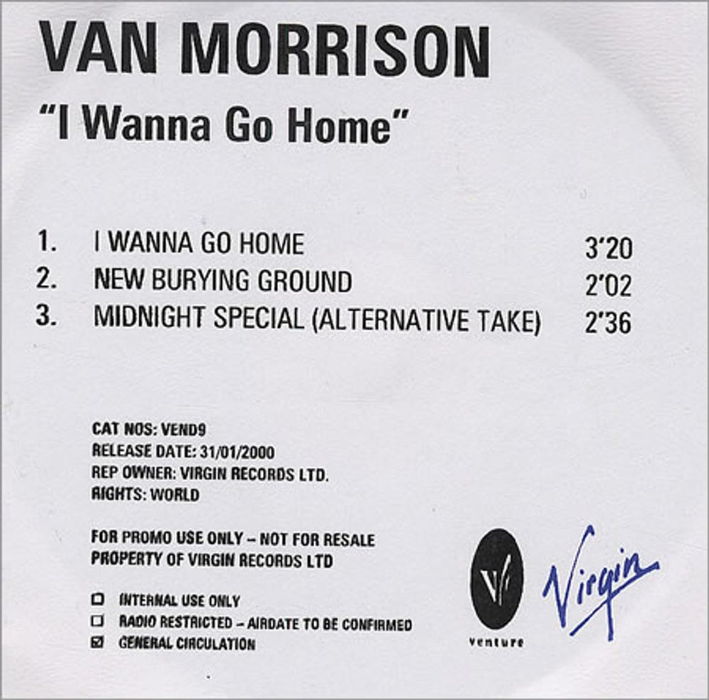 Van Morrison I Wanna Go Home UK Promo CD-R acetate CD-R