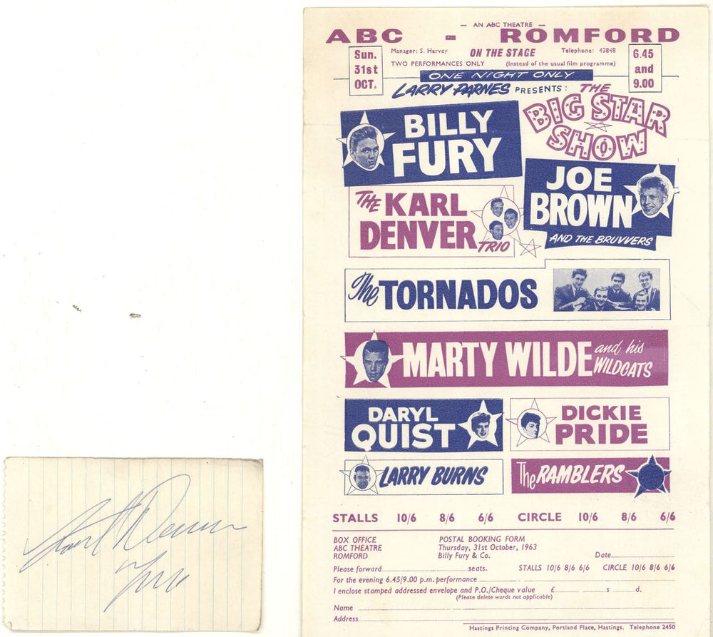 Various-60s & 70s ABC Romford Handbill + Karl Denver signature UK handbill HANDBILL