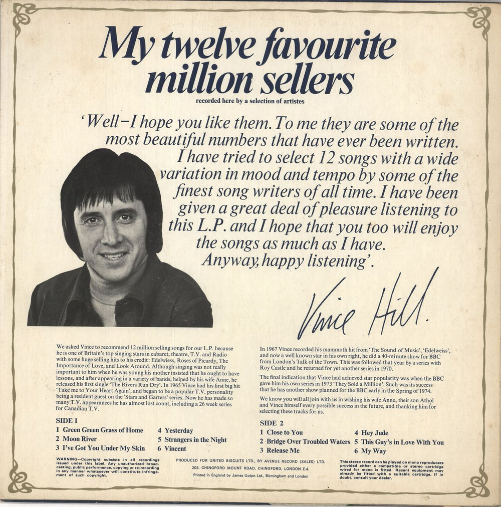 Various-60s & 70s Vince Hill's Favourite Twelve "Million Sellers" UK Promo vinyl LP album (LP record)