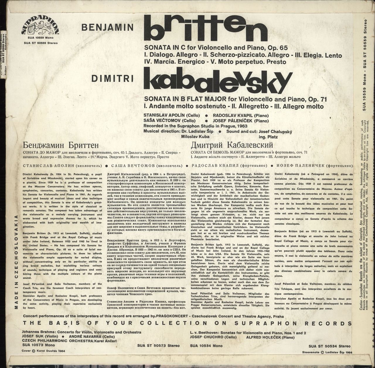 Various-Classical & Orchestral Britten: Sonata in C, Op.65 / Kabalevsky: Sonata in B Flat Minor, Op.71 Czech vinyl LP album (LP record)