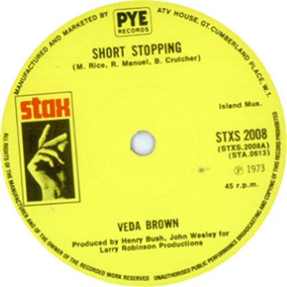 Veda Brown Short Stopping UK 7" vinyl single (7 inch record / 45) STXS2008