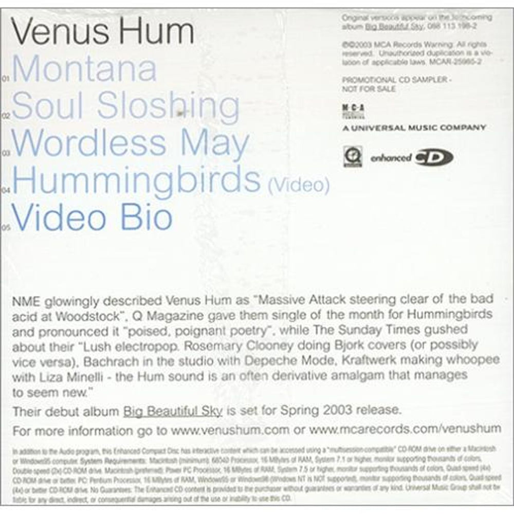 Venus Hum Big Beautiful Sky - Album Sampler US Promo CD single (CD5 / 5") VHUC5BI414664