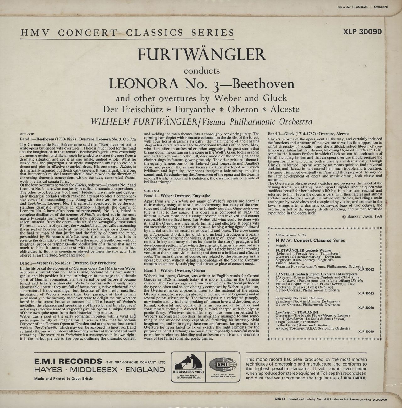 Vienna Philharmonic Orchestra Furtwängler Conducts Beethoven's Leonora No. 3 & Overtures by Weber & Glück UK vinyl LP album (LP record)
