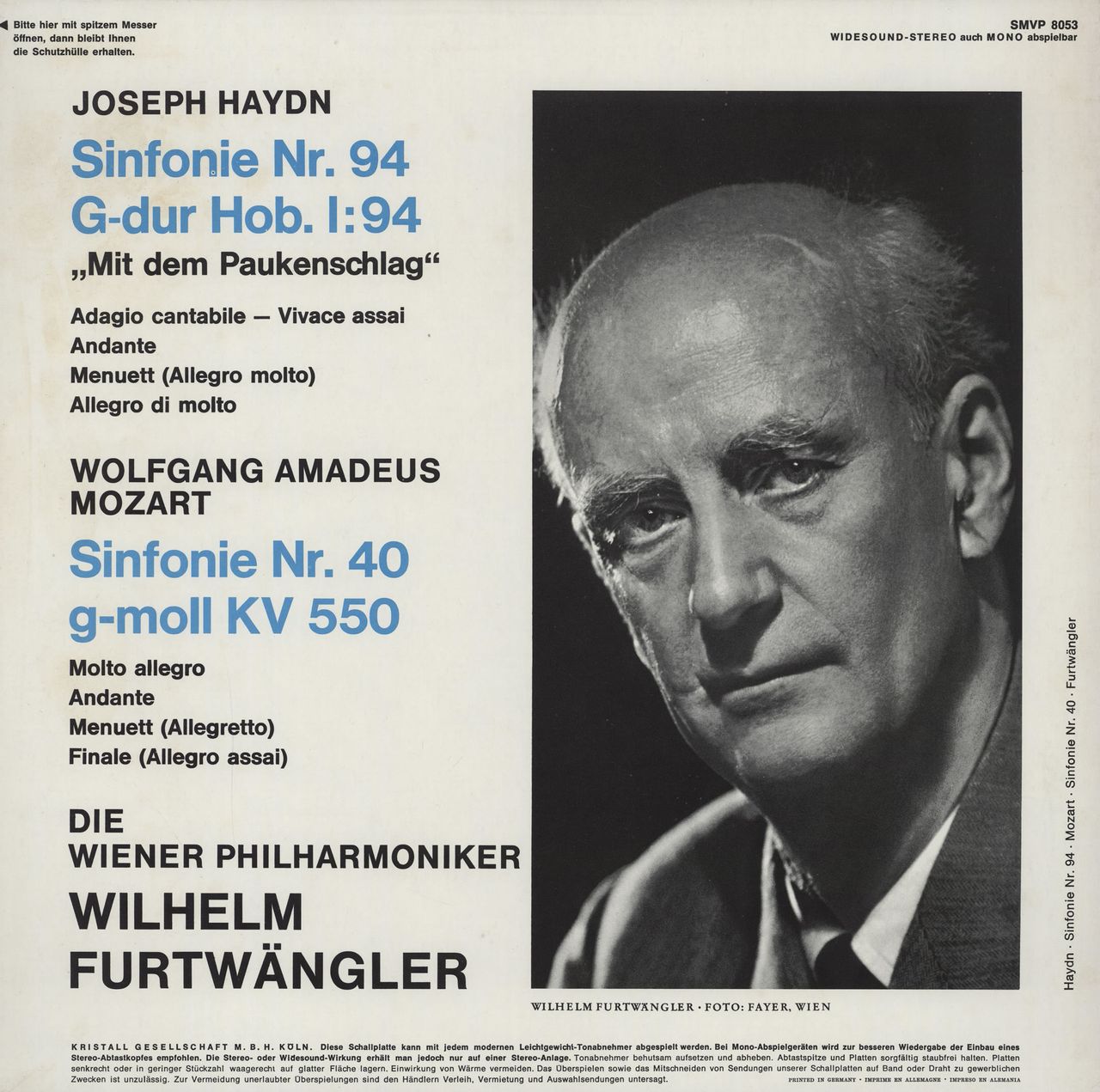 Vienna Philharmonic Orchestra Mozart: Sinfonie Nr. 40 / Haydn: Sinfonie Nr. 94 "Mit Dem Paukenschlag" German vinyl LP album (LP record)
