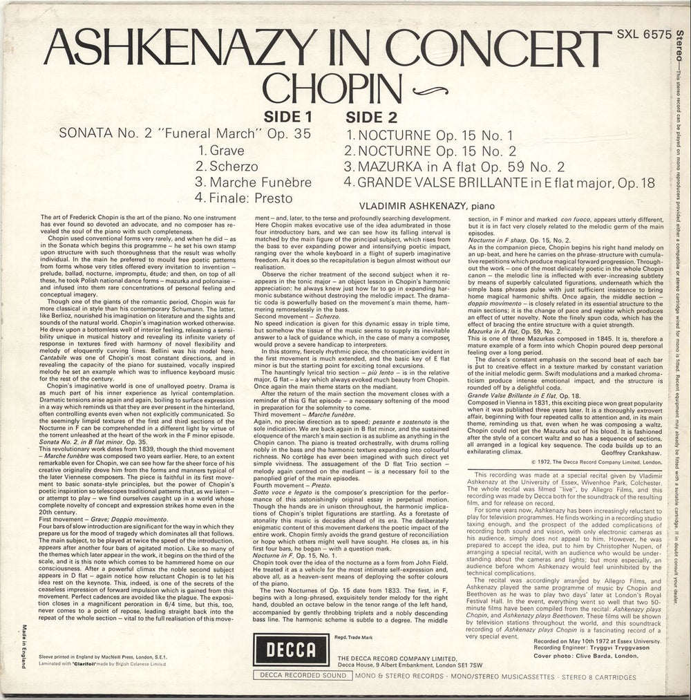 Vladimir Ashkenazy Ashkenazy In Concert UK vinyl LP album (LP record)
