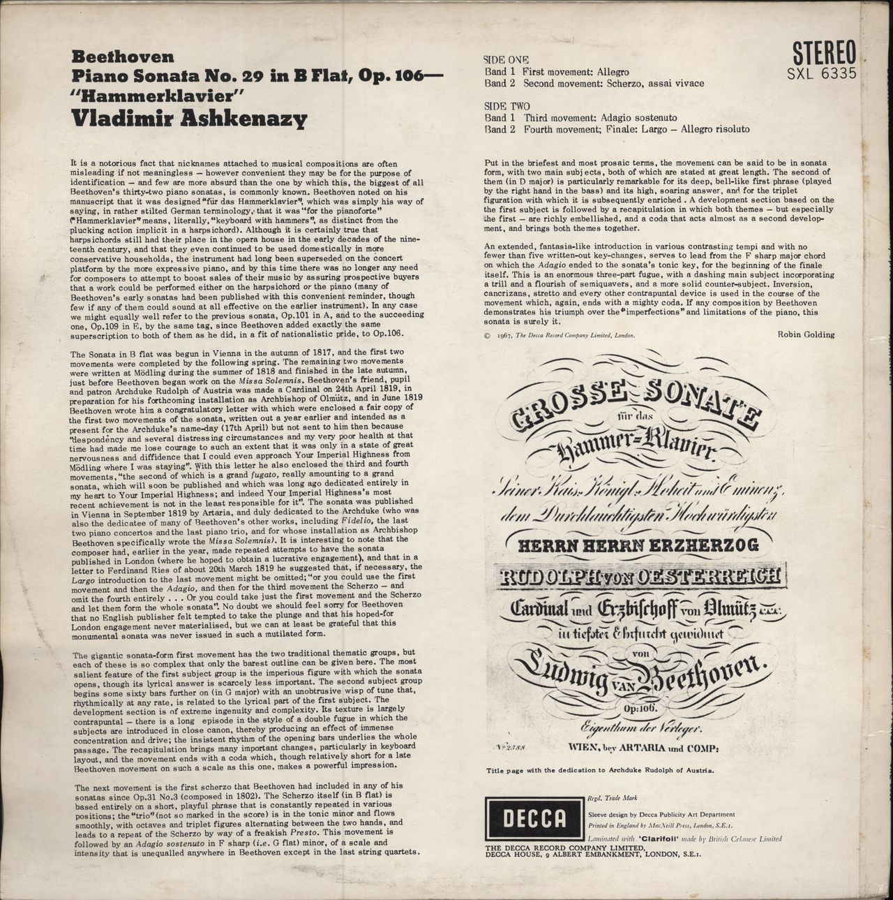 Vladimir Ashkenazy Beethoven: Hammerklavier Sonata In B Flat Op. 106 - 1st UK vinyl LP album (LP record) VL2LPBE786402