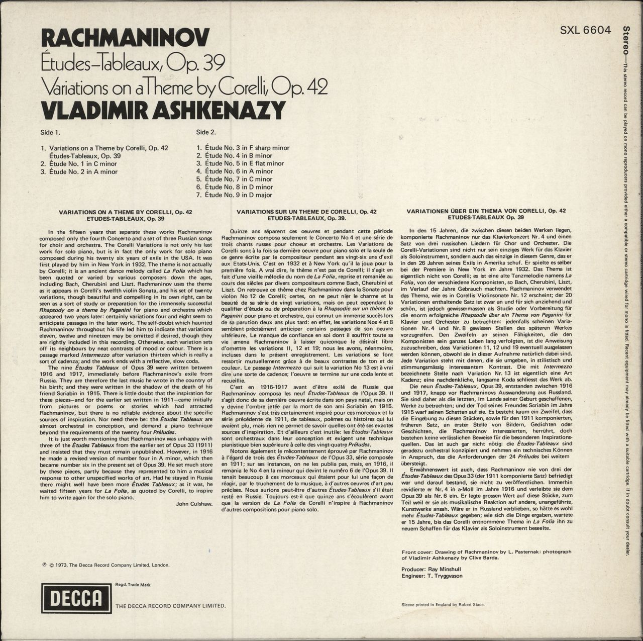 Vladimir Ashkenazy Rachmaninov: Études-Tableaux, Op.39 / Variations On a Theme By Corelli, Op.42 UK vinyl LP album (LP record)