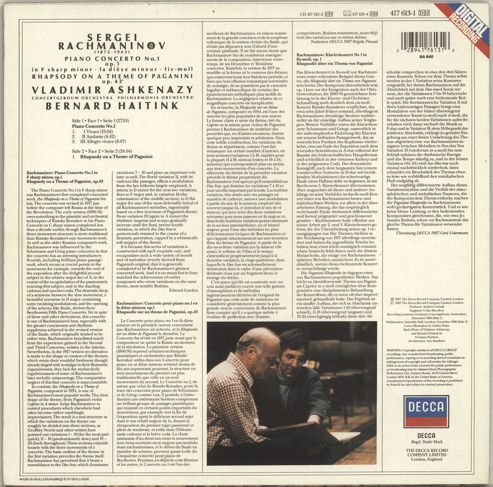 Vladimir Ashkenazy Rachmaninov: Piano Concerto No. 1 / Rhapsody On A Theme Of Paganini UK vinyl LP album (LP record) 028941761316