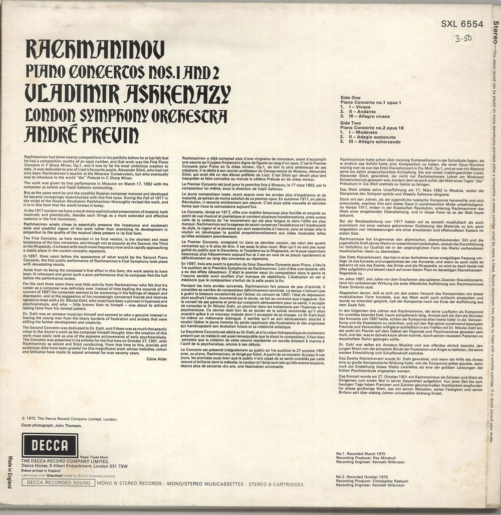 Vladimir Ashkenazy Rachmaninov: Piano Concertos Nos.1 And 2 UK vinyl LP album (LP record)