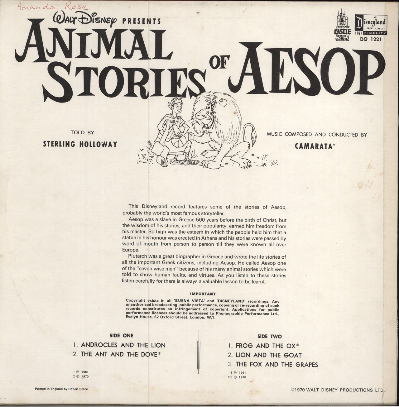 Walt Disney Animal Stories Of Aesop UK vinyl LP album (LP record)