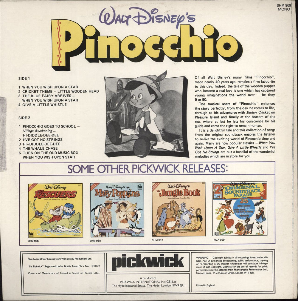 Walt Disney Walt Disney’s Pinocchio UK vinyl LP album (LP record)