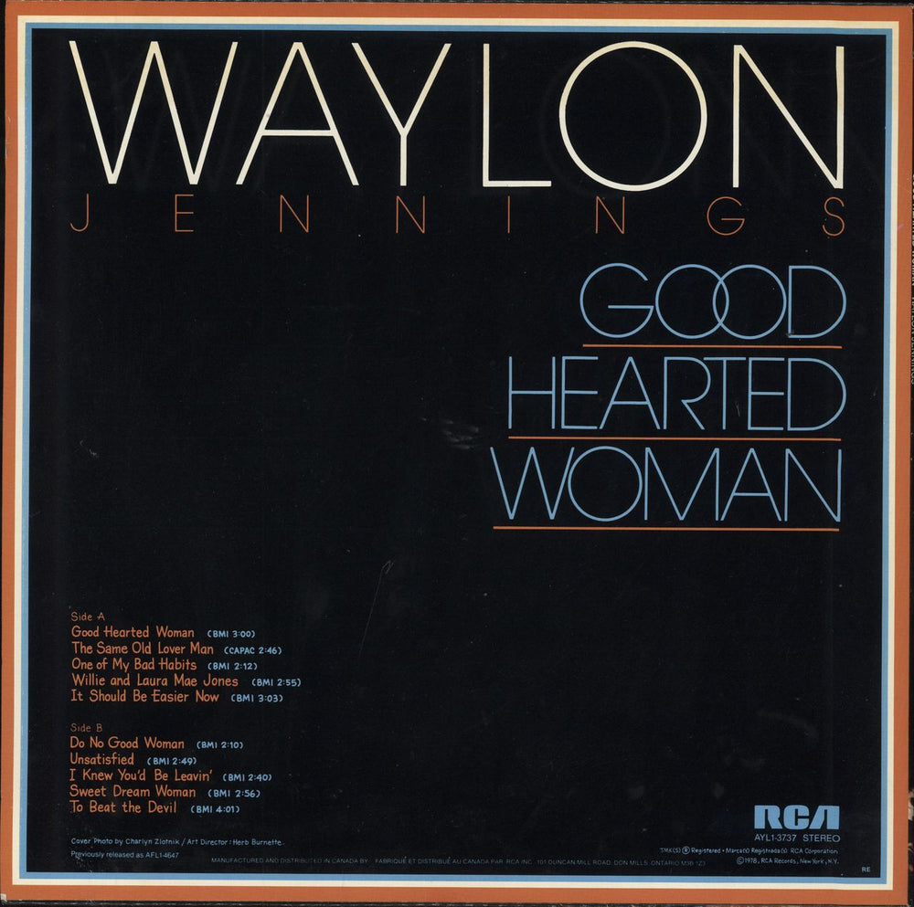 Waylon Jennings Good Hearted Woman Canadian vinyl LP album (LP record)