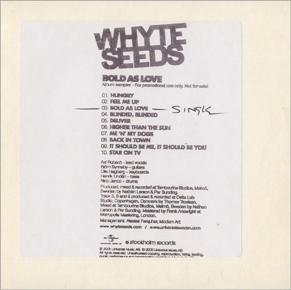 Whyte Seeds Bold As Love UK Promo CD-R acetate WSCDP-1