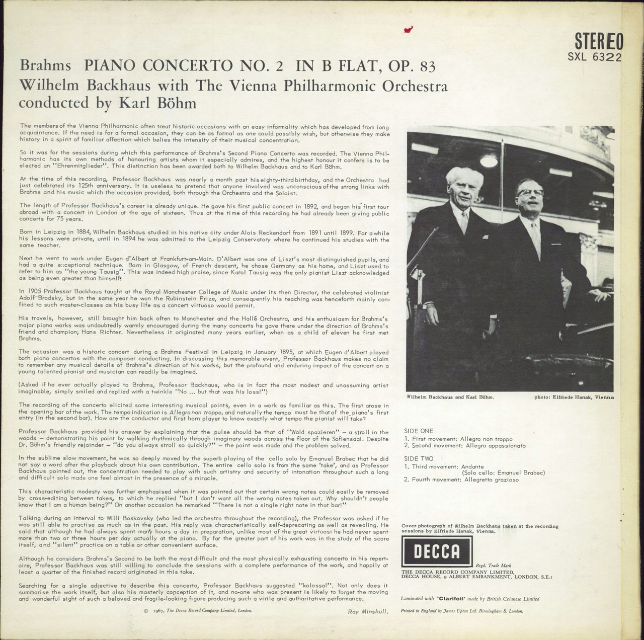 Wilhelm Backhaus Brahms: Piano Concerto No. 2 In B Flat, Op. 83 - 1st UK  Vinyl LP