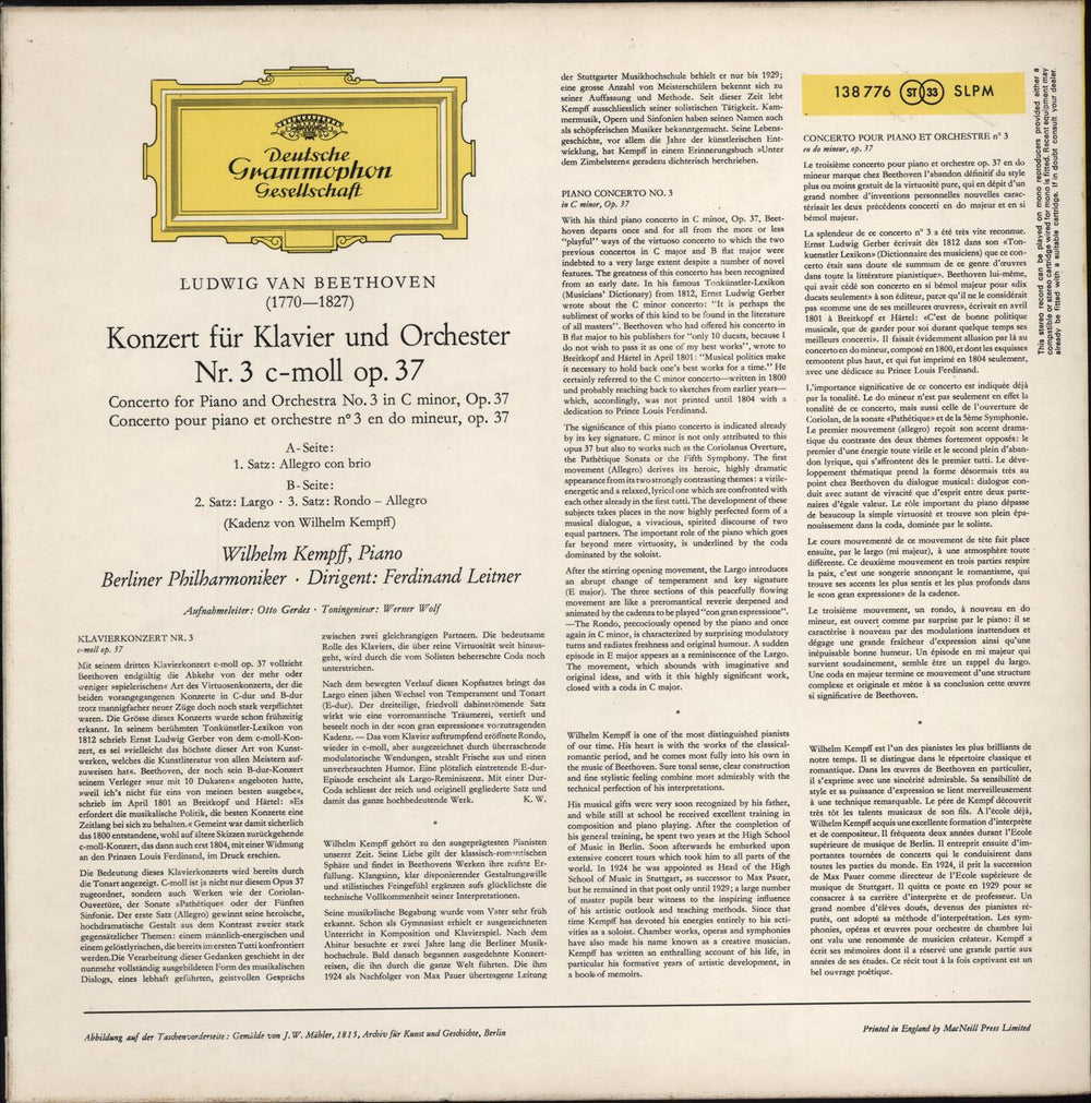 Wilhelm Kempff Beethoven: Klavierkonzert Nr. 3 C-moll Op. 37 UK vinyl LP album (LP record)
