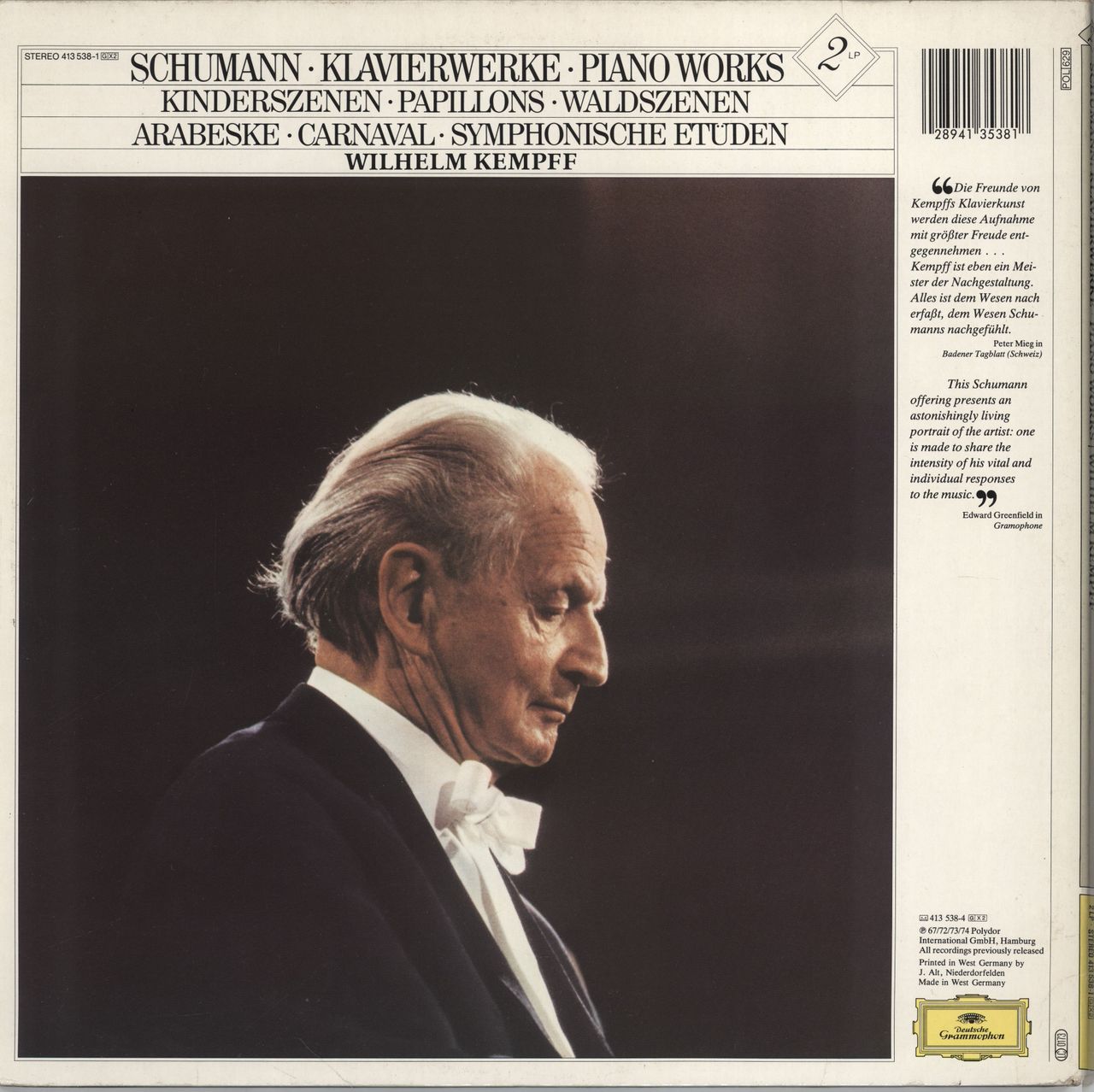 Wilhelm Kempff Schumann: Klavierwerke German 2-LP vinyl record set (Double LP Album) 028941353818
