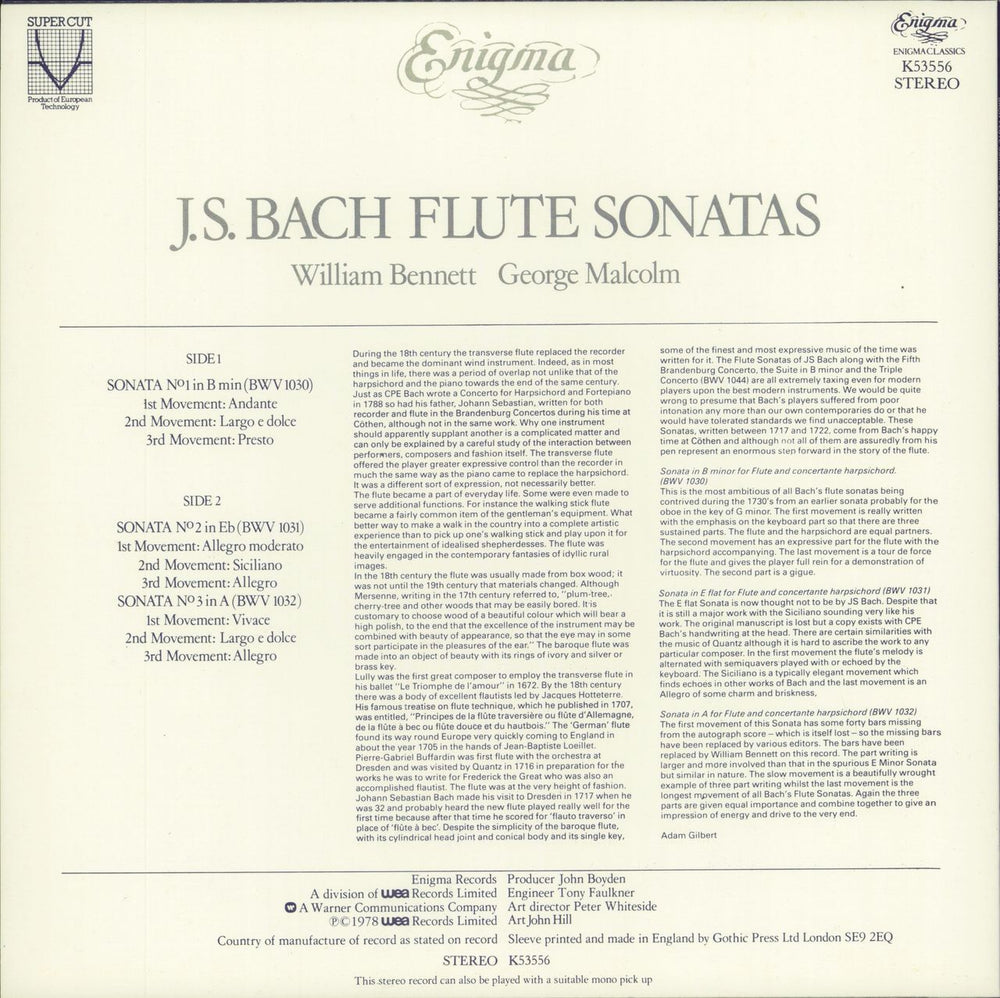 William Bennett J.S. Bach Flute Sonatas UK vinyl LP album (LP record)