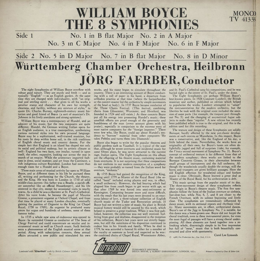 William Boyce The 8 Symphonies UK vinyl LP album (LP record)