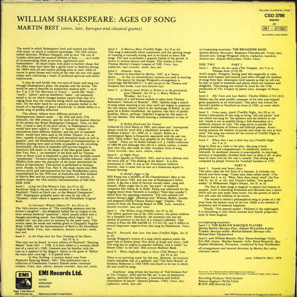 William Shakespeare Ages Of Song UK vinyl LP album (LP record)