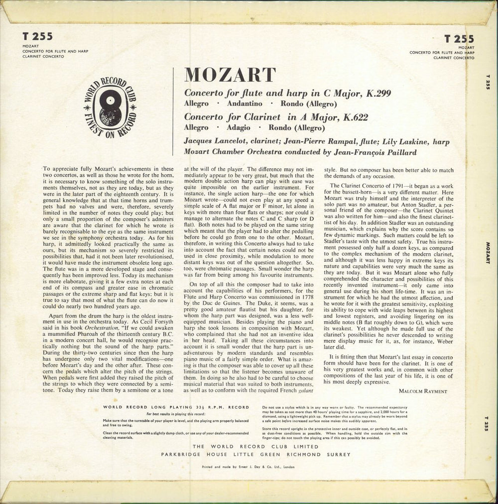 Wolfgang Amadeus Mozart Concerto For Clarinet, K.622 / Concerto For Flute And Harp, K.299 UK vinyl LP album (LP record)